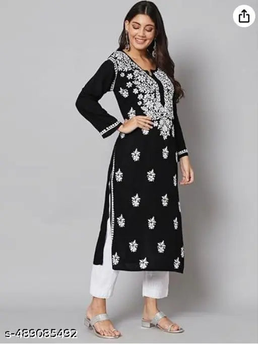 Vedant Womens Hand Embroidered Lucknowi Chikankari Rayon Kurta-Black