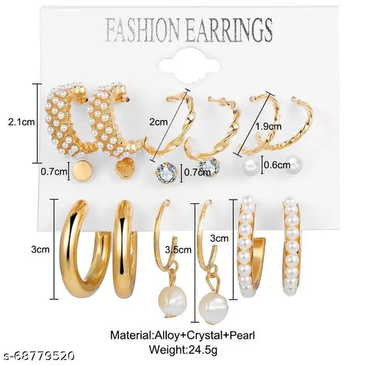 Vembley Combo Of 9 Pair Stunning Gold Plated Pearl Hoop , Drop, Tiny and Studs Earrings for Women & Girls