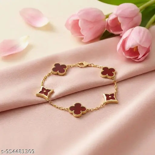 BeeBlossom Gold Plated Stainless Steel Anti Tarnish Maroon Clover Wraparound Bracelet