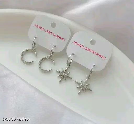 Pack of 2 ( Moon,Star) Stunning Shining Stylish Trendy AD Silver Charm Round Hoop Earrings For Women And Girls | Accessories | Gift | Korean | Minimal | Jhumka | Earrings | Aesthetic Jewellery