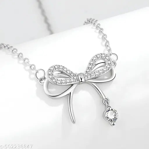Karishma Kreations Silver Plated CZ Bowknot Necklace Crystal Pendant Stainless Steel Necklace