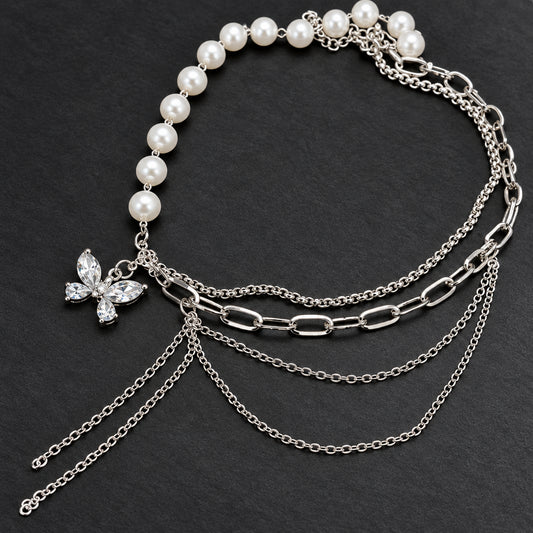 Choker Elegant Women's Rhinestone Pearl Necklace For Girl Zircon Butterfly Tassel Clavicle Chain Exquisite Multilayer Neck Jewelry Gift