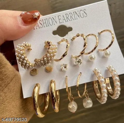 Vembley Combo Of  9 Pair Stunning Gold Plated Pearl Hoop , Drop, Tiny and Studs Earrings for Women & Girls