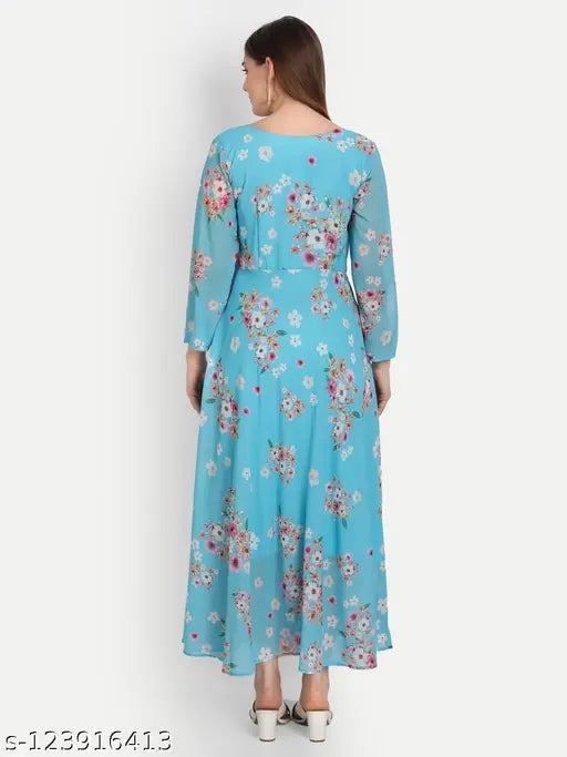 sky blue colour printed georgette dress
