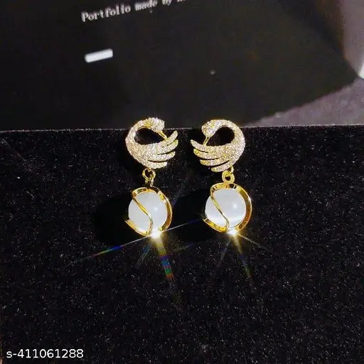 Miraclewood korean Design Earring For Girls & Women Korean Glorious Pearl Gold Plated style Peacock and white motiEarring for Women Cubic Zirconia, Diamond, Pearl Alloy Drops & Danglers, Hoop Earring, Stud Earring