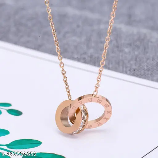 Roman Interlocking Numerals Starry Double Ring Diamond Pendant Steel Chain Necklace Does Not Fade Light Luxury Temperament Clavicle High-Quality  Chain European And American Titanium Steel 044
