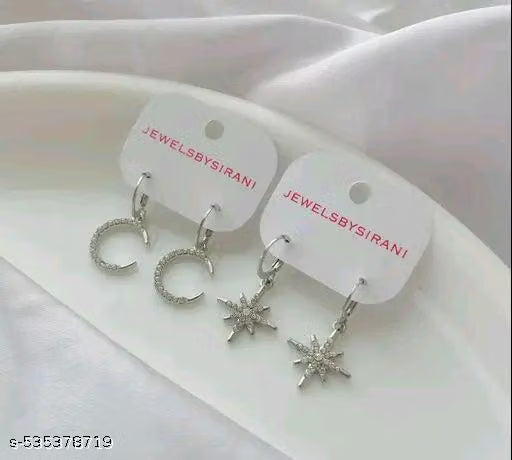 Pack of 2 ( Moon,Star) Stunning Shining Stylish Trendy AD Silver Charm Round Hoop Earrings For Women And Girls | Accessories | Gift | Korean | Minimal | Jhumka | Earrings | Aesthetic Jewellery