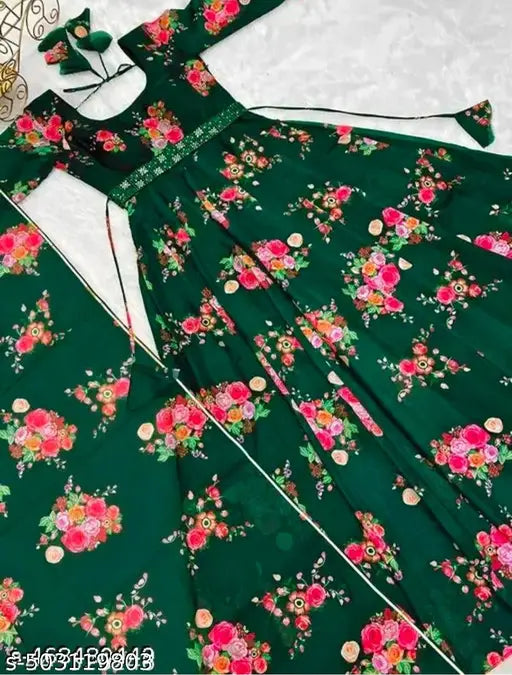 Flower Print Long Gown With Dupatta (No Bottomwear)