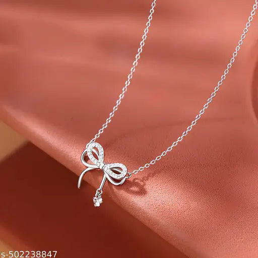 Karishma Kreations Silver Plated CZ Bowknot Necklace Crystal Pendant Stainless Steel Necklace