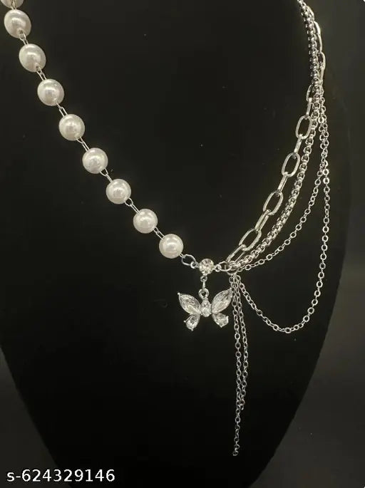 Choker Elegant Women's Rhinestone Pearl Necklace For Girl Zircon Butterfly Tassel Clavicle Chain Exquisite Multilayer Neck Jewelry Gift