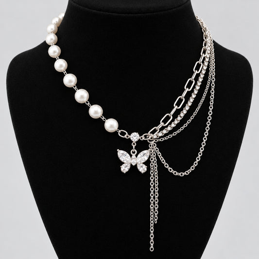 Choker Elegant Women's Rhinestone Pearl Necklace For Girl Zircon Butterfly Tassel Clavicle Chain Exquisite Multilayer Neck Jewelry Gift