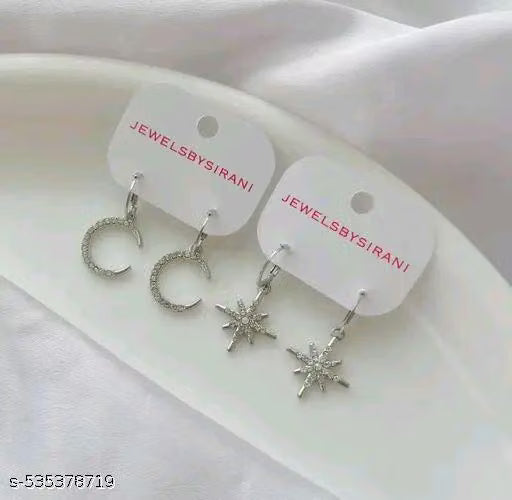 Pack of 2 ( Moon,Star) Stunning Shining Stylish Trendy AD Silver Charm Round Hoop Earrings For Women And Girls | Accessories | Gift | Korean | Minimal | Jhumka | Earrings | Aesthetic Jewellery
