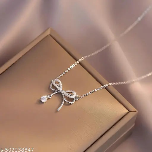 Karishma Kreations Silver Plated CZ Bowknot Necklace Crystal Pendant Stainless Steel Necklace