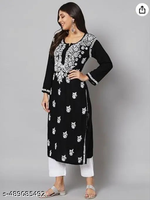 Vedant  Womens Hand Embroidered Lucknowi Chikankari Rayon Kurta-Black