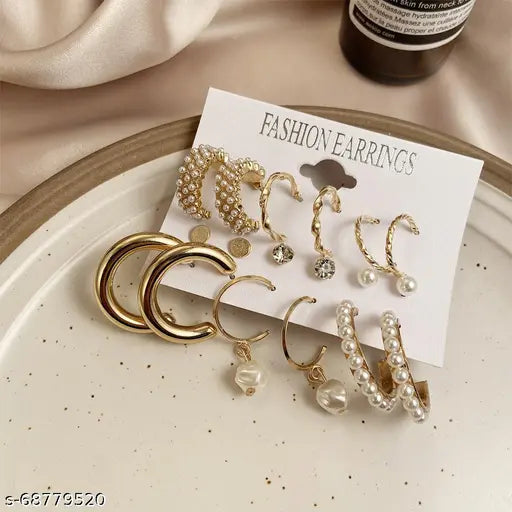 Vembley Combo Of  9 Pair Stunning Gold Plated Pearl Hoop , Drop, Tiny and Studs Earrings for Women & Girls