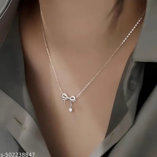 Karishma Kreations Silver Plated CZ Bowknot Necklace Crystal Pendant Stainless Steel Necklace