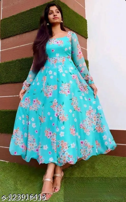 sky blue colour printed georgette dress