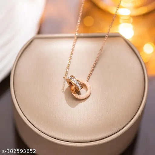 Roman Interlocking Numerals Starry Double Ring Diamond Pendant Steel Chain Necklace Does Not Fade Light Luxury Temperament Clavicle High-Quality  Chain European And American Titanium Steel 044