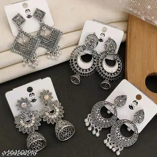 Combo of 4 Pair New Latest Design Drop & Dangles Hoop Jhumki Oxidised Silver Earrings for women/girls