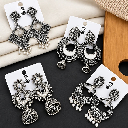 Combo of 4 Pair New Latest Design Drop & Dangles Hoop Jhumki Oxidised Silver Earrings for women/girls