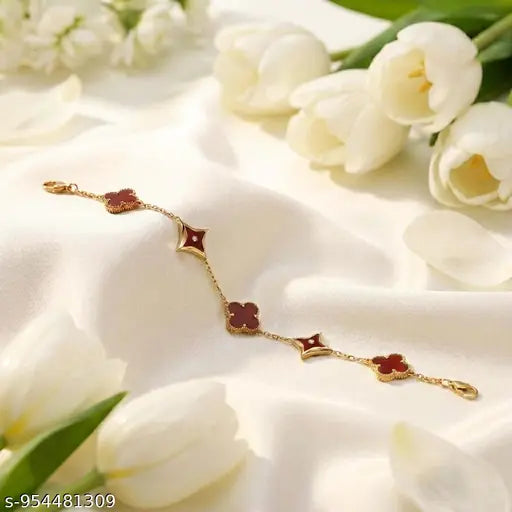 BeeBlossom Gold Plated Stainless Steel Anti Tarnish Maroon Clover Wraparound Bracelet