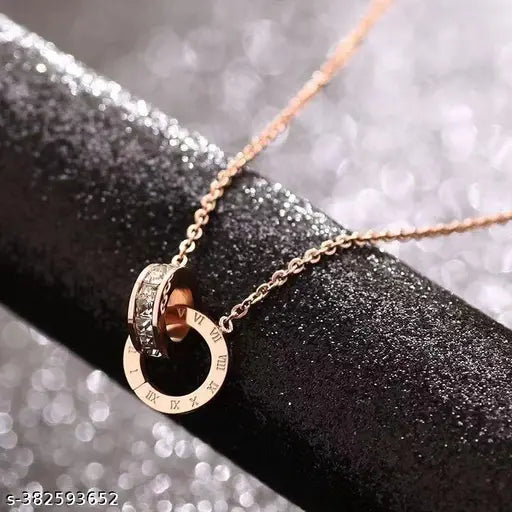 Roman Interlocking Numerals Starry Double Ring Diamond Pendant Steel Chain Necklace Does Not Fade Light Luxury Temperament Clavicle High-Quality  Chain European And American Titanium Steel 044