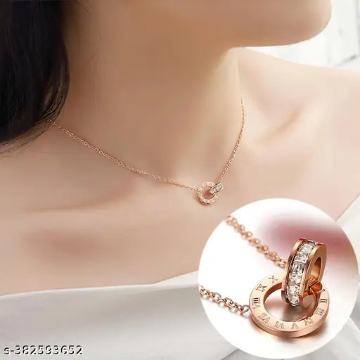 Roman Interlocking Numerals Starry Double Ring Diamond Pendant Steel Chain Necklace Does Not Fade Light Luxury Temperament Clavicle High-Quality  Chain European And American Titanium Steel 044