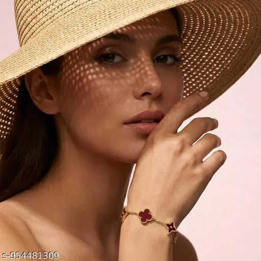 BeeBlossom Gold Plated Stainless Steel Anti Tarnish Maroon Clover Wraparound Bracelet