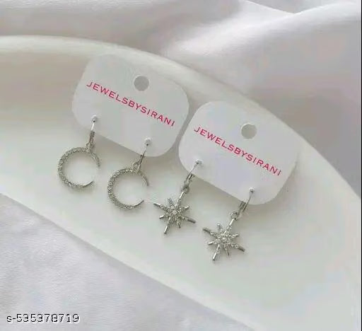 Pack of 2 ( Moon,Star) Stunning Shining Stylish Trendy AD Silver Charm Round Hoop Earrings For Women And Girls | Accessories | Gift | Korean | Minimal | Jhumka | Earrings | Aesthetic Jewellery