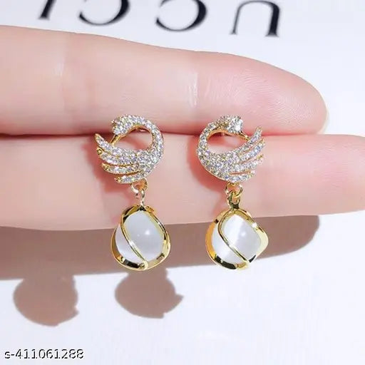 Miraclewood korean Design Earring For Girls & Women Korean Glorious Pearl Gold Plated style Peacock and white motiEarring for Women Cubic Zirconia, Diamond, Pearl Alloy Drops & Danglers, Hoop Earring, Stud Earring
