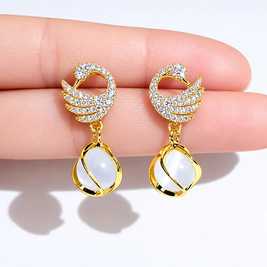 Miraclewood korean Design Earring For Girls & Women Korean Glorious Pearl Gold Plated style Peacock and white motiEarring for Women Cubic Zirconia, Diamond, Pearl Alloy Drops & Danglers, Hoop Earring, Stud Earring