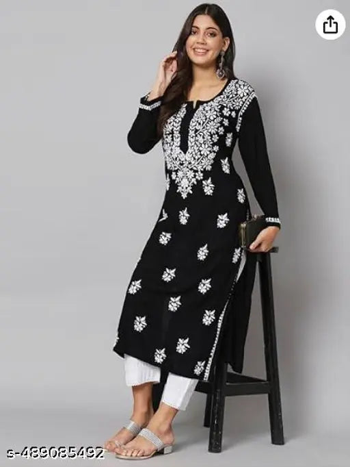 Vedant  Womens Hand Embroidered Lucknowi Chikankari Rayon Kurta-Black