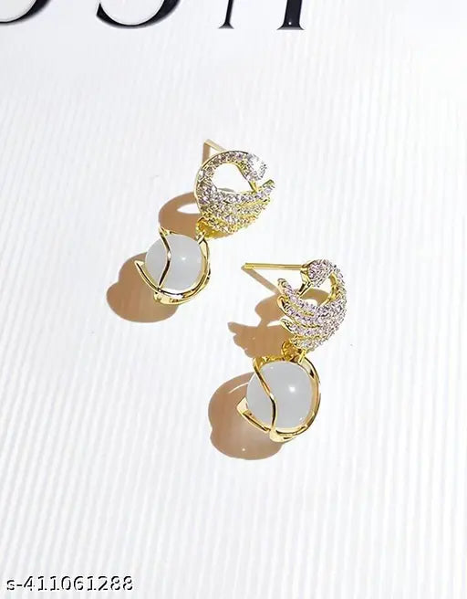 Miraclewood korean Design Earring For Girls & Women Korean Glorious Pearl Gold Plated style Peacock and white motiEarring for Women Cubic Zirconia, Diamond, Pearl Alloy Drops & Danglers, Hoop Earring, Stud Earring