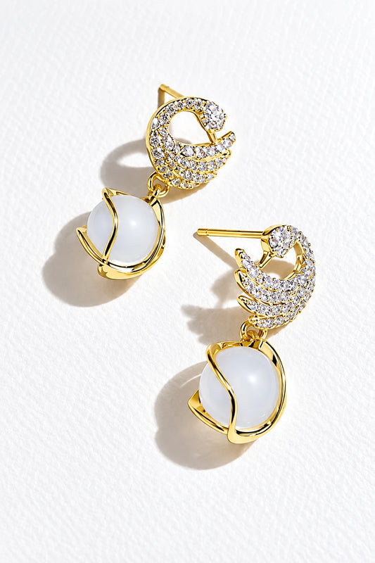 Miraclewood korean Design Earring For Girls & Women Korean Glorious Pearl Gold Plated style Peacock and white motiEarring for Women Cubic Zirconia, Diamond, Pearl Alloy Drops & Danglers, Hoop Earring, Stud Earring